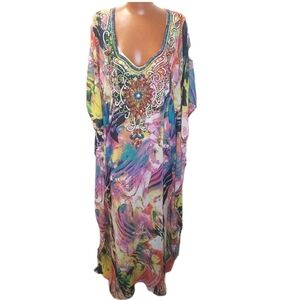 Lucky Coco Beaded Craftan Woman Sz XL Pink Butterfly Cover-up Maxi Patio Dress